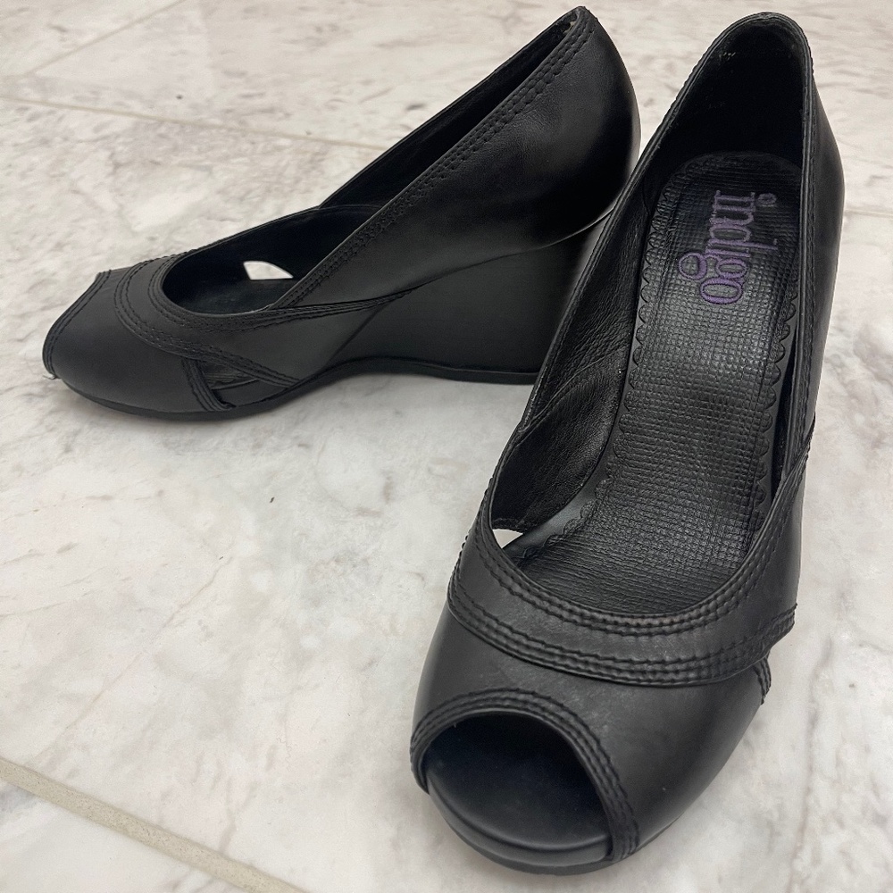 Indigo black peep toe wedges
